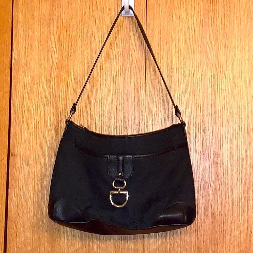 VINTAGE Etienne Aigner black A logo canvas zip top hobo bag purse pockets EUC